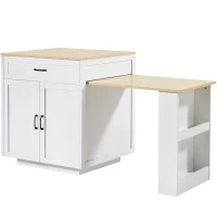 Extendable Bar Table with 2 Compartments and Side Spice Rack, Expandable Kitchen Island for 2–6 People, 133-202L x 70W x 93.5H cm, White(m-9)