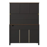 Tall Kitchen Cabinet with Integrated Power Strip and Wine Glass Rack, Stylish Sideboard with Cable Management, 120L x 40W x 170H cm, Black(m-12)