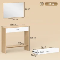 HOMCOM Consolă + oglindă, consolă îngustă cu sertar și etajeră, stil modern, 91,5 x 27,9 x 85,5 cm, stejar(m-3)