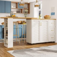 Multifunctional Kitchen Island for Dining & Living Areas, Extendable Bar Cart with 2 Doors & 3 Drawers, 135-228L x 39W x 104H cm, White(m-8)