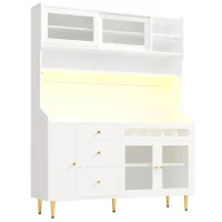 Freestanding Highboard with LED Lighting & Pull-Out Wine Rack, Tall Storage Cabinet with Sliding Glass Doors, 145L x 39W x 171H cm, White(m-10)