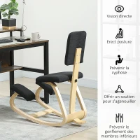 HOMCOM Siège assis genoux, tabouret ergonomique en bois à bascule avec dossier, chaise à genoux pour bureau à domicile, noir(m-5)