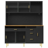 Modern Highboard with Height-Adjustable Shelves & App-Controlled LED, Tall Cabinet for Living, Dining Area, 145L x 39W x 171H cm, Black(m-9)