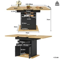 Telescopic Dining Table with 2 Pull-Out Drawers & Integrated Cabinet, Extendable Kichen Table for 4-6 people, 110-140L x 80W x 76H cm, Black(m-3)