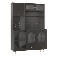 Tall Kitchen Cabinet with Built‑In Power Outlets & 2 USB Ports, Modern Sideboard with App-Controlled LED, 120L x 40W x 176H cm, Black(m-2)