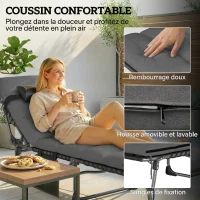 Outsunny Lot de 2 Bains de Soleil Transat de Jardin Matelas XXL 9cm Inclinable 180° Plat Pliable à 5 Positions 200x57x38cm Gris(m-5)