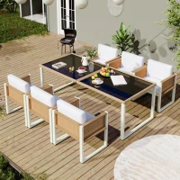 Set da pranzo in polyrattan per 6 persone, piano in vetro temperato, rivestimenti sfoderabili e lavabili, Marrone+Bianco(m-1)