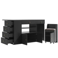 Adjustable Kitchen Island with 2 Stools, 6-Drawer and Generous worktop, Versatile Sideboard with Open Shelves, 140L x 40W x 89H cm, Black(m-2)