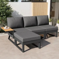L-Shaped Garden Sofa Set with Galvanised Iron Frame, Comfortable Garden Lounge Set with Wooden Armrests, 110L x 62W x 75H cm, Gray(m-9)
