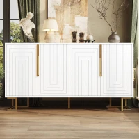 Stylish Sideboard with 2 Doors, 4 Shelves and Geometric Door Design, Durable Cabinet with Slim Metal Feet, 152L x 40W x 75H cm, White(m-6)