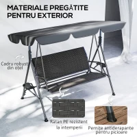 Outsunny Balansoar de Grădină 3 Locuri din Ratan PE cu Acoperiș Reglabil și Suporturi pentru Pahare, Balansoar de Exterior cu Cadru din Oțel, Capacitate 320 kg, 204x112x150 cm, Gri(m-6)