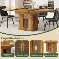 Extendable Dining Table with Hidden Storage and Glass Doors, Round Kitchen Table for 6 People, 118-158L x 118W x 77H cm, Walnut(m-4)