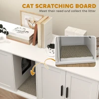 PawHut Cat Litter Box Enclosure, Hidden Kitty Litter Box with Scratching Board, 2 Cabinets, Cat House End Side Table TV Stand for 2 Cats, White(m-7)