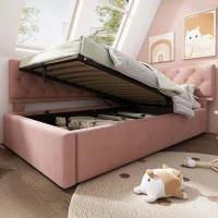 Stylish Upholstered Daybed with Hydraulic Ottoman Storage, L-Shaped Single Sofa Bed with Velvet Fabric, 196L x 100W x 77H cm, Pink(m-10)