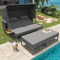 Convertible Garden Lounge Set with Double Reclining Lounger, Outdoor Rattan Sofa Set with Adjustable Backrest, 128L x 117W x 40H cm, Gray(m-7)