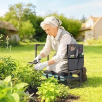 Outsunny Taburete de Jardín Plegable con Almohadilla de Espuma EVA Asiento de Jardín con Bolsa para Herramientas Gris Oscuro(m-2)