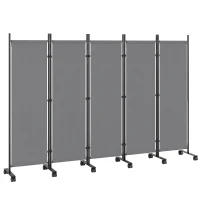 Outsunny Biombo de Ambiente 5 peças 252x40 cm Biombo Autoportante com 12 Rodas Dobrável Divisória DIY Cinza Escuro(m-1)