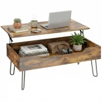 HOMCOM Table Basse Rectangulaire en Bois avec Grand Rangement Caché, Hauteur Réglable, 95 x 50 x 40 cm, Marron Rustique(m-7)