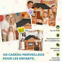 AIYAPLAY Cabane enfant extérieur en bois, maison enfant extérieur/intérieur avec cuisine de jeu, fenêtres, porte et banc, marron(m-8)