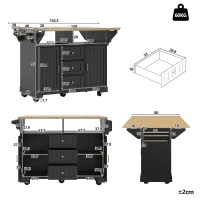 Extendable Kitchen Island with 3 Drawers and Adjustable Shelves, Trolley Cabinet with Double-Sided Drop-Leaf, 120L x 40-80W x 95H cm, Black(m-3)