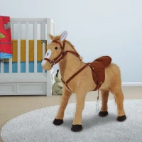 HOMCOM Cheval debout en peluche pour enfant à partir de 2 ans avec effets sonores selle et bride 85 cm (longueur) beige(m-10)