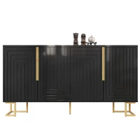 Stylish Sideboard with 2 Doors, 4 Shelves and Geometric Door Design, Durable Cabinet with Slim Metal Feet, 152L x 40W x 75H cm, Black(m-12)