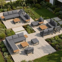 L-Shaped Garden Sofa Set with Galvanised Iron Frame, Comfortable Garden Lounge Set with Wooden Armrests, 110L x 62W x 75H cm, Gray(m-8)