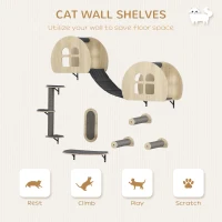 PawHut Cat Wall Shelves, 7 Piece Cat Shelf Set with Dual Condo with Ladder, Jumping Platform, Perch, Sisal Scratching Posts & Board, Kitty Playground Activity Centre, Oak(m-4)