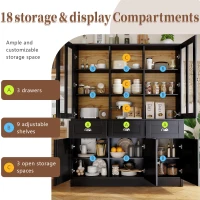 Freestanding Display Cabinet with Adjustable Shelves & Soft-Close Hinges, Tall Sideboard for Living Area, 140L x 38.5W x 175H cm, Black(m-4)