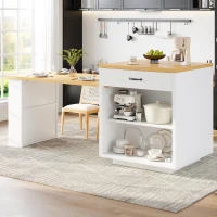 Extendable Kitchen Island with App-Controlled RGB Lighting, Versatile Storage Cabinet with Adjustable Shelf, 126-196L x 59W x 94H cm, White(m-9)