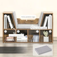 HOMCOM Bibliotecă-bancă 2 în 1 cu perne de șezut, etajeră cub cu 6 compartimente deschise, 102 x 30 x 61 cm, maro rustic(m-6)