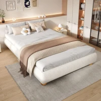 Modern Upholstered Double Bed with Sturdy Slatted Frame, Bouclé Platform Bed with Rounded Modern Legs, 197L x 146W x 30H cm, Beige(m-1)