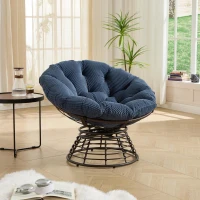 Poltrona Papasan, girevole a 360°, cuscino spesso(tessuto a coste), struttura in acciaio, 92x92x67 cm, Blu marino(m-1)