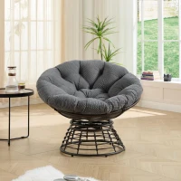 Poltrona Papasan, girevole a 360°, cuscino spesso(tessuto a coste), struttura in acciaio, 92x92x67 cm, Grigio(m-1)