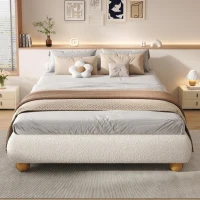 Modern Upholstered Double Bed with Sturdy Slatted Frame, Bouclé Platform Bed with Rounded Modern Legs, 197L x 146W x 30H cm, Beige(m-6)