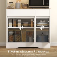 HOMCOM Buffet cuisine meuble cuisine rangement haut avec lumière LED RGB, plan de travail, 6 portes, 2 tiroirs, blanc(m-6)