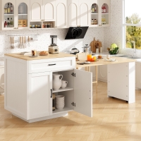Extendable Bar Table with 2 Compartments and Side Spice Rack, Expandable Kitchen Island for 2–6 People, 133-202L x 70W x 93.5H cm, White