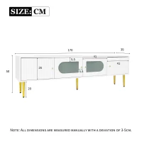 Stylish TV Stand with 2 Glass Doors and Metal Support Legs, Sturdy TV Cabinet for Living Room or Bedroom, 170L x 35W x 50H cm, White(m-3)