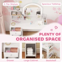 AIYAPLAY Kids Vanity Table and Chair Set, Girls Dressing Table with 2-Colour LED Mirror, Stool, Cabinet, Drawer, Shelves, White(m-6)