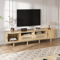 Modern TV Stand with 2 Drawers, 2 Sliding Doors & 8 Solid Wood Legs, Versatile Cabinet with Rounded Corners, 170L x 40W x 40H cm, Oak