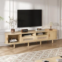 Modern TV Stand with 2 Drawers, 2 Sliding Doors & 8 Solid Wood Legs, Versatile Cabinet with Rounded Corners, 170L x 40W x 40H cm, Oak(m-1)