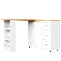 Multifunctional Kitchen Island for Dining & Living Areas, Extendable Bar Cart with 2 Doors & 3 Drawers, 135-228L x 39W x 104H cm, White(m-13)