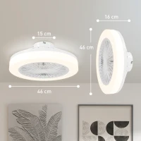 HOMCOM Ventilator de Tavan cu Lumină LED Reglabilă, Telecomandă, Timer, 6 Viteze și Flux Reversibil, Ventilator din Plastic și Acrilic, Ø46x16 cm, Alb(m-3)