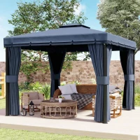 Outsunny 3 x 3(m) Patio Gazebo Canopy Garden Pavilion Tent Shelter Marquee with 2 Tier Roof, Netting and Curtains, Dark Blue(m-7)