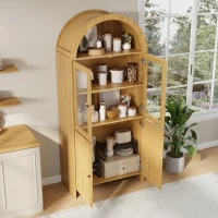 Hohes Sideboard mit Bogendecke, Glasvitrinentüren, Wellenmuster, 78 x 40 x 176 cm, Naturfarbe(m-5)