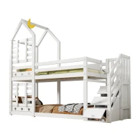 Cabin-Style Bunk Bed with Staircase Storage and Under-Bed Drawers, Stylish Bed Frame for Child's Room, 235L x 97W x 217H cm, White(m-13)