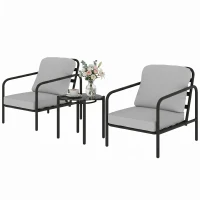 Outsunny Set Bistró de 3 Piezas en Acero con 2 Sillas con Cojines Gruesos, Mesita con Superficie de Vidrio Templado Negro(m-7)