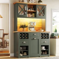 Tall Kitchen Cabinet with Glass Doors and LED Lighting, Versatile Sideboard with Adjustable Shelves, 120L x 45W x 188H cm, Antique Green(m-1)