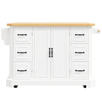 Mobile Kitchen Island with 2 Doors, 6 Drawers and Wood-Effect Worktop, Rolling Cart for Compact Dining Areas, 120L x 45W x 91H cm, White(m-10)