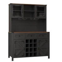 Tall Kitchen Cabinet with Integrated Power Strip and Wine Glass Rack, Stylish Sideboard with Cable Management, 120L x 40W x 170H cm, Black(m-11)